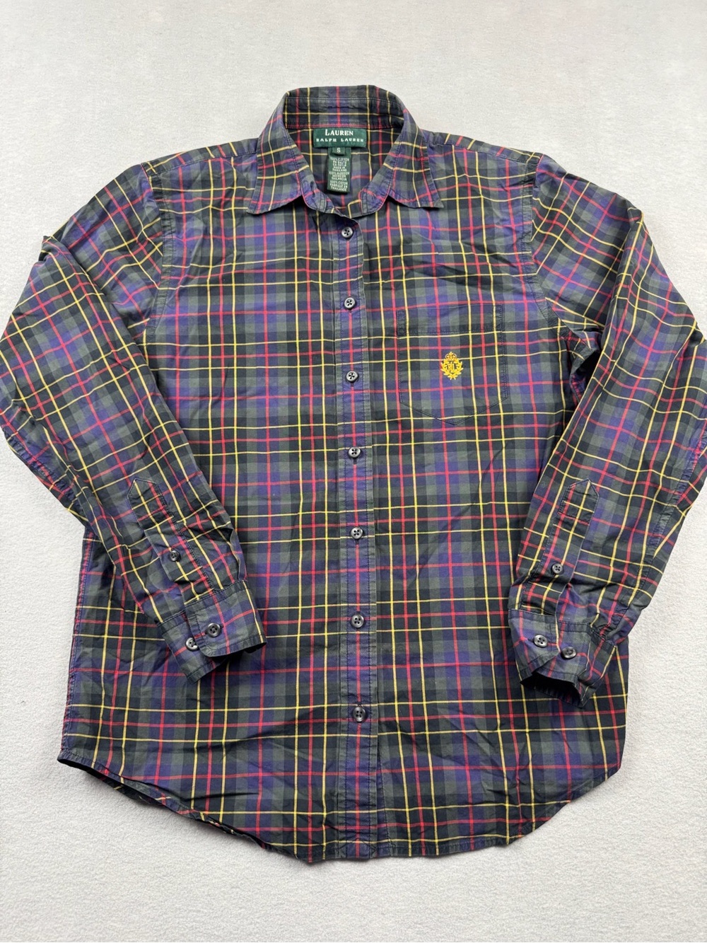 Ralph Lauren Gold Crest Shirt Small Blue Pink Plaid Button Up Long Sleeve